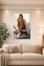 Jennifer Aniston in a bright living room above a beige sofa.