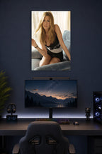 Jennifer Aniston in a gaming desk setup above a monitor.