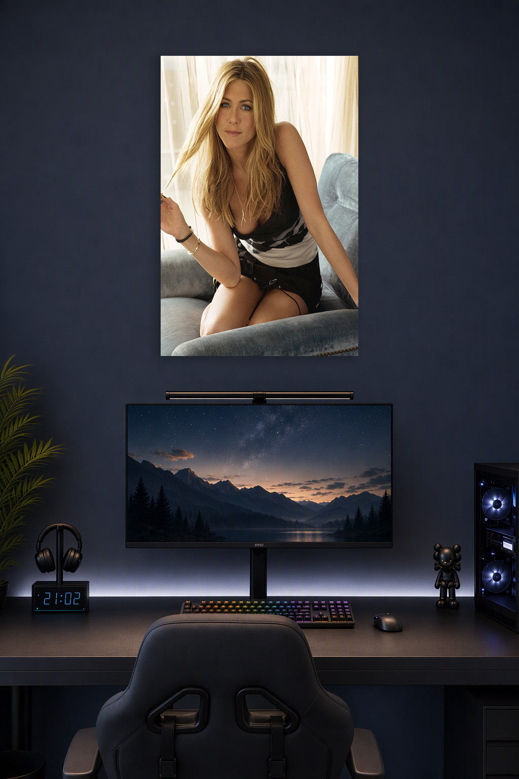 Jennifer Aniston in a gaming desk setup above a monitor.