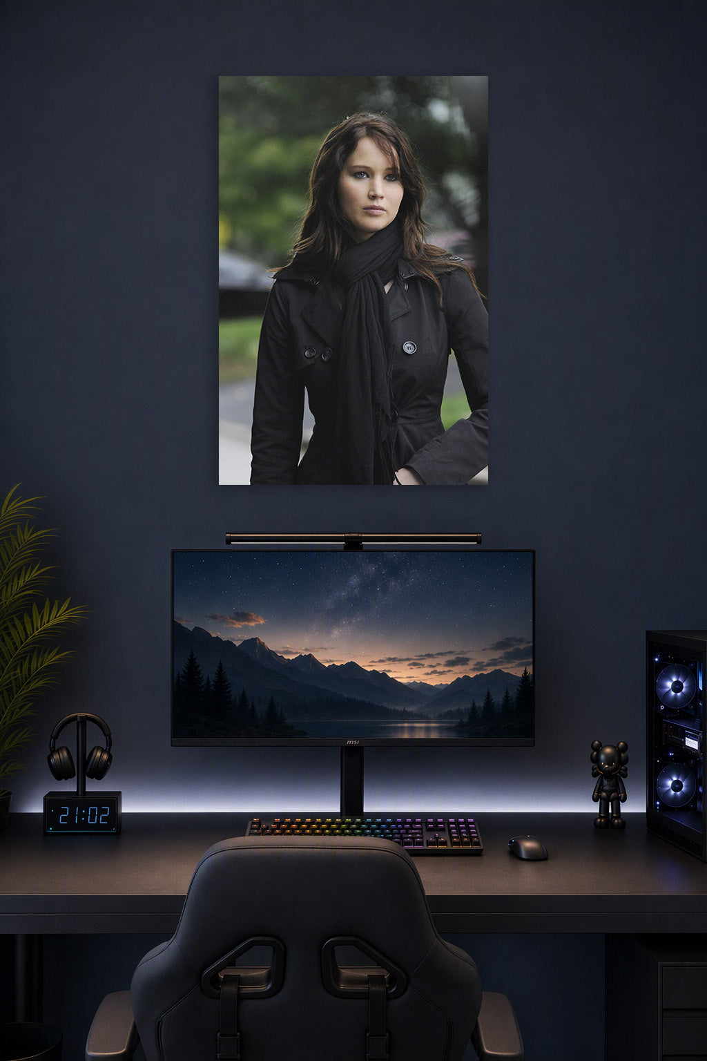 Jennifer Lawrence in a gaming desk setup above a monitor.