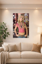 Jessica Simpson as Daisy Duke in a bright living room above a beige sofa.