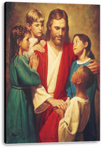 Jesus canvas wall art print depicts Jesus in white and red robes surrounded by four children, presented on a stretched canvas.
