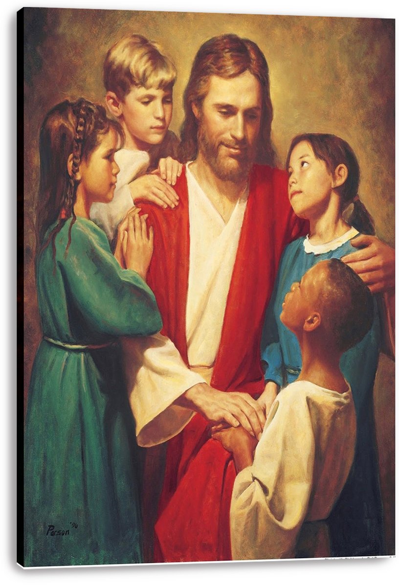 Jesus canvas wall art print depicts Jesus in white and red robes surrounded by four children, presented on a stretched canvas.