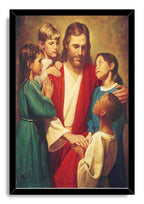 Jesus framed wall art print features Jesus gently blessing children in colorful robes, set within a sleek black frame.