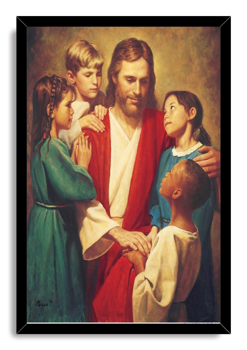 Jesus framed wall art print features Jesus gently blessing children in colorful robes, set within a sleek black frame.