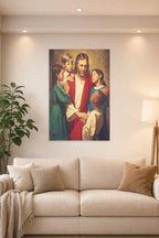 Jesus with Children in a bright living room above a beige sofa.