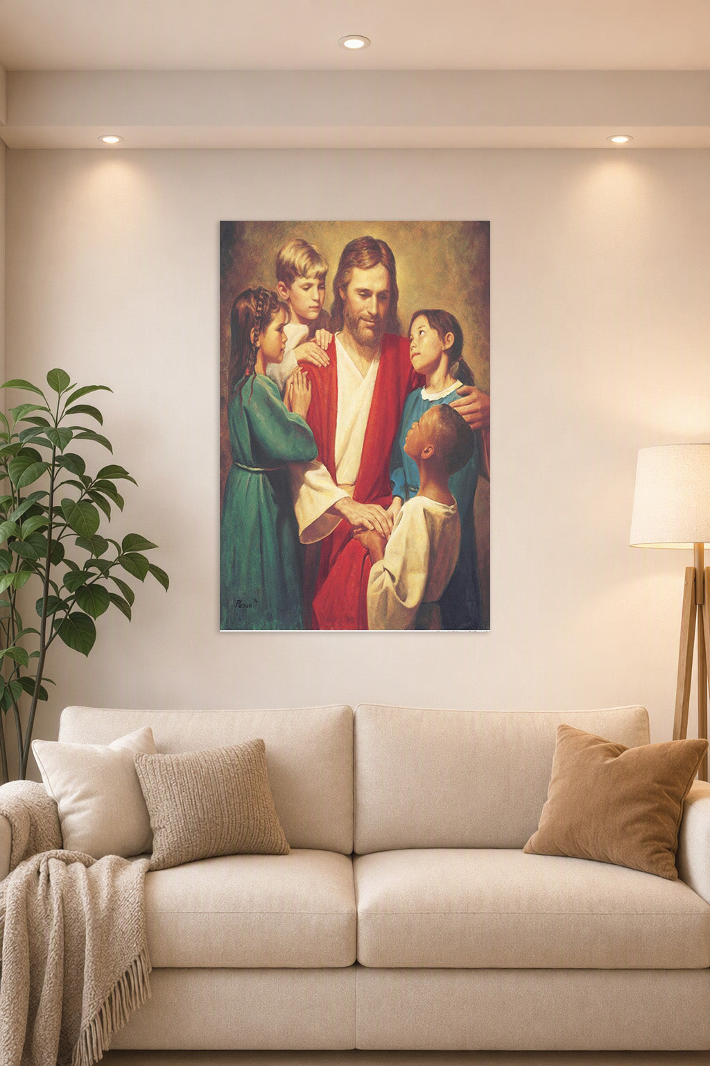 Jesus with Children in a bright living room above a beige sofa.
