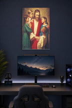Jesus with Children in a gaming desk setup above a monitor.