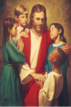 Jesus wall art print portrays Jesus in a red robe tenderly holding hands with four children in warm earth tones.