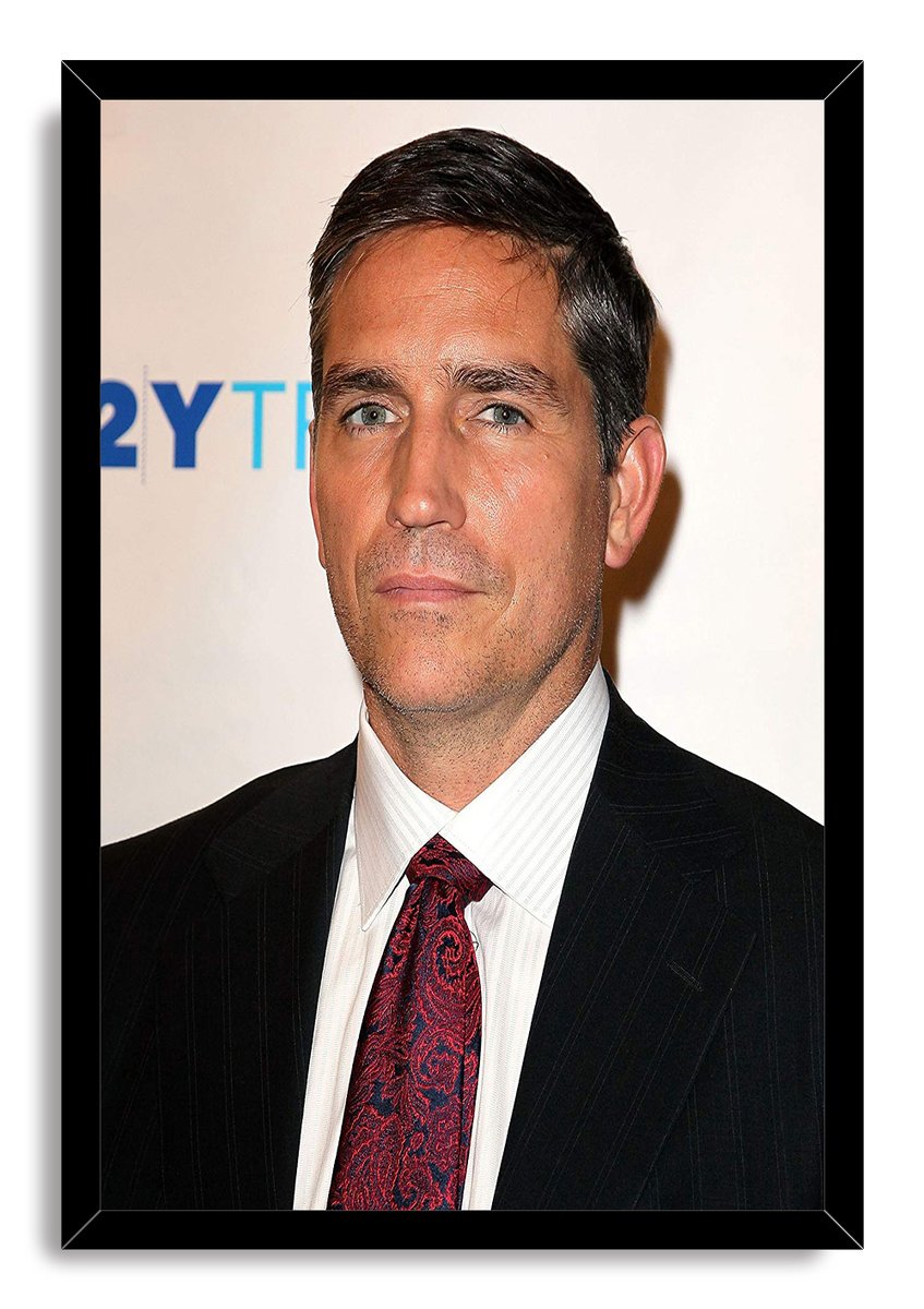 Jim Caviezel framed wall art print with a black border, portraying the actor in a dark suit, white shirt, and red tie.