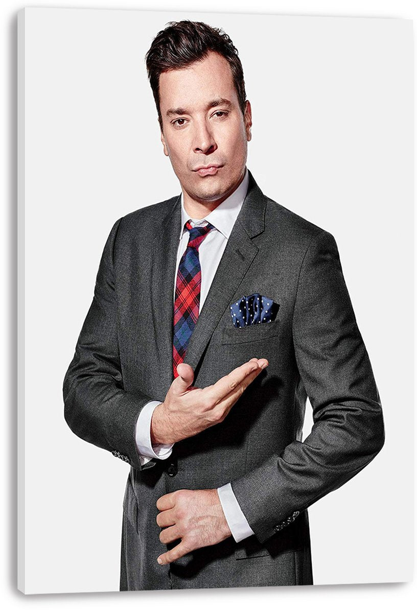 Jimmy Fallon canvas wall art print presents a portrait in a gray suit with a plaid tie on a white background.