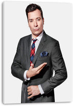 Jimmy Fallon canvas wall art print presents a portrait in a gray suit with a plaid tie on a white background.
