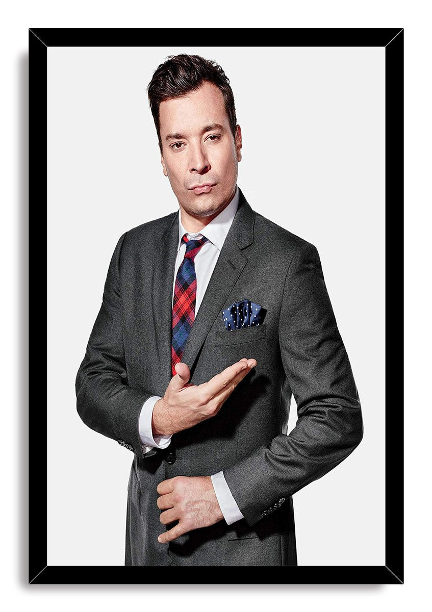 Jimmy Fallon framed wall art print features his gray-suited portrait with a colorful plaid tie inside a black frame.