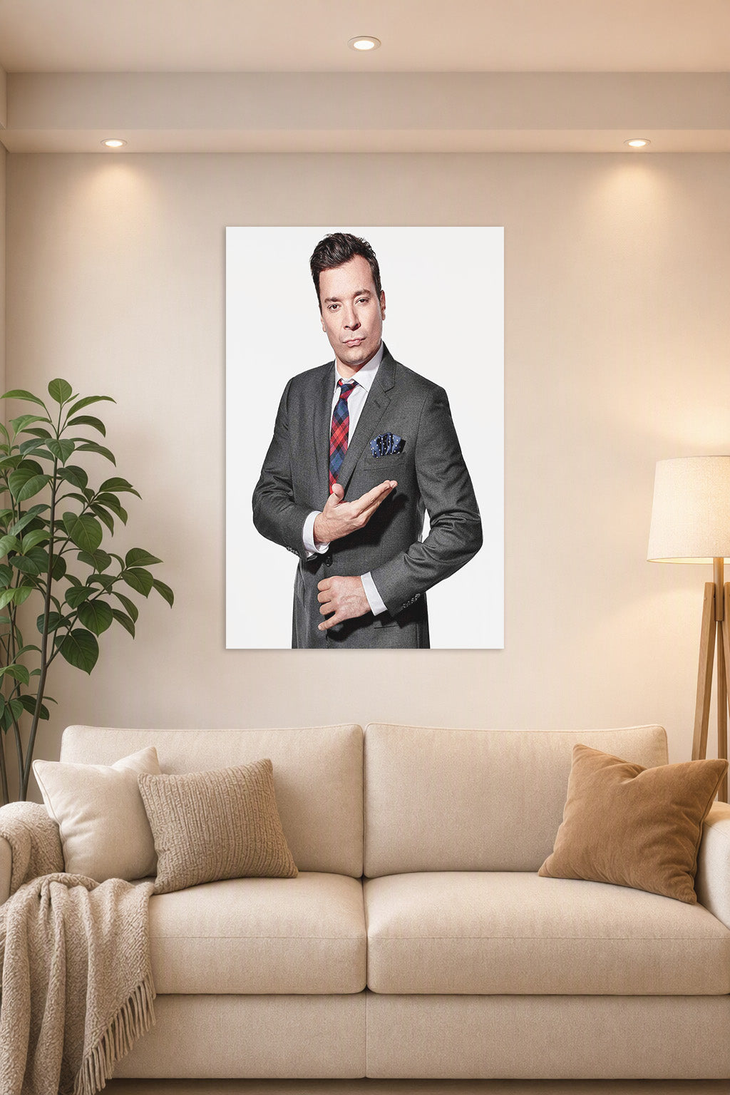 Jimmy Fallon in a bright living room above a beige sofa.