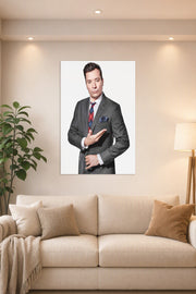 Jimmy Fallon in a bright living room above a beige sofa.