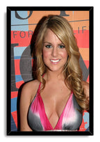 JoJo framed wall art print presents a smiling blonde woman in a pink and silver halter dress, set in a black frame.