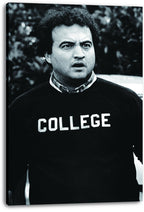 John Belushi as Bluto Blutarsky canvas wall art print displays his startled black-and-white portrait and COLLEGE sweatshirt.