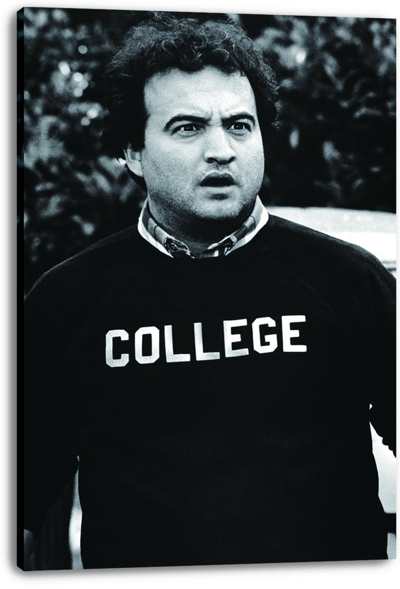 John Belushi as Bluto Blutarsky canvas wall art print displays his startled black-and-white portrait and COLLEGE sweatshirt.