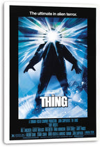 The Thing movie poster canvas print displays a silhouetted figure with an exploding white glow against fractured blue ice-like beams.