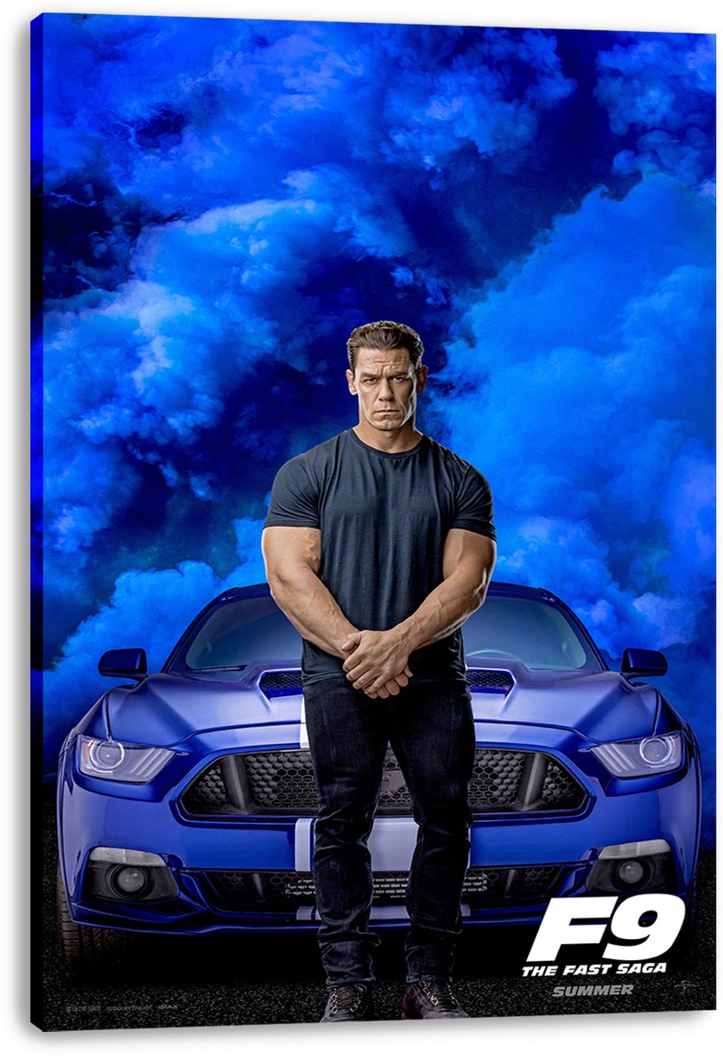 John Cena F9 canvas wall art print featuring Cena in black clothing before a blue muscle car and bold F9 logo.