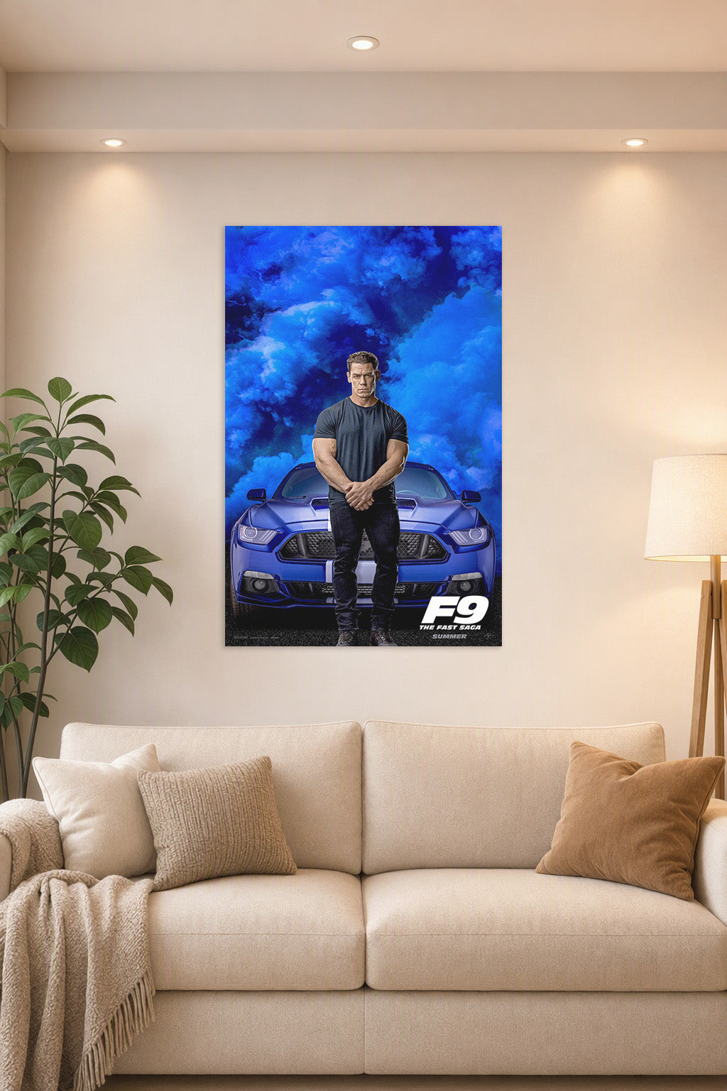 John Cena F9 Movie in a bright living room above a beige sofa.