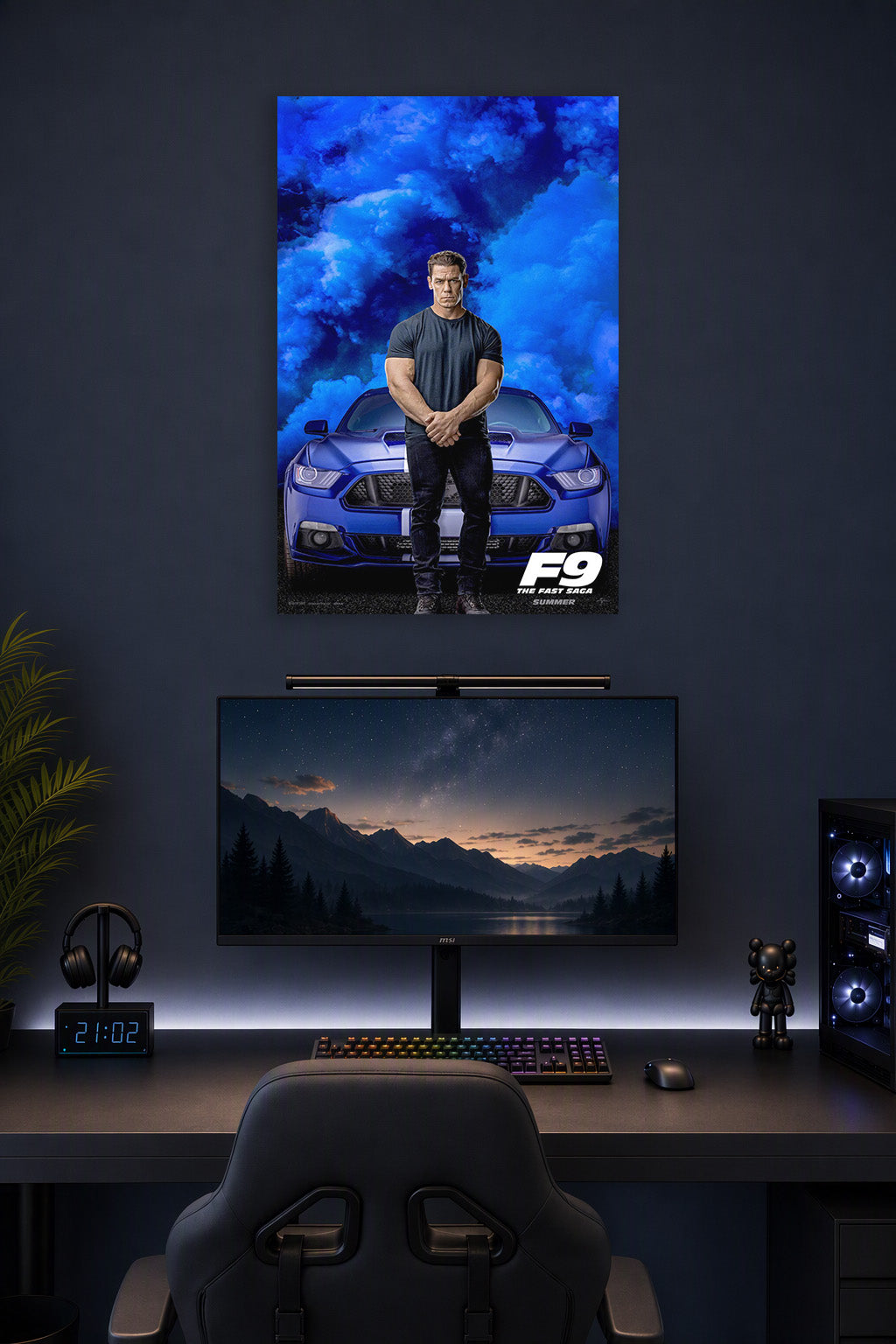 John Cena F9 Movie in a gaming desk setup above a monitor.