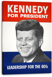 John F. Kennedy campaign poster canvas wall art print featuring a smiling grayscale portrait and red, white, and blue Kennedy for President design.