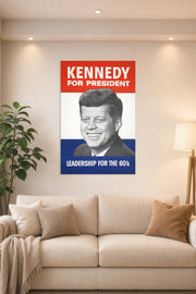 John F. Kennedy JFK Campaign Poster in a bright living room above a beige sofa.