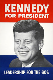 John F. Kennedy campaign poster wall art print with a smiling black-and-white portrait, red, white, and blue bands, and bold election text.