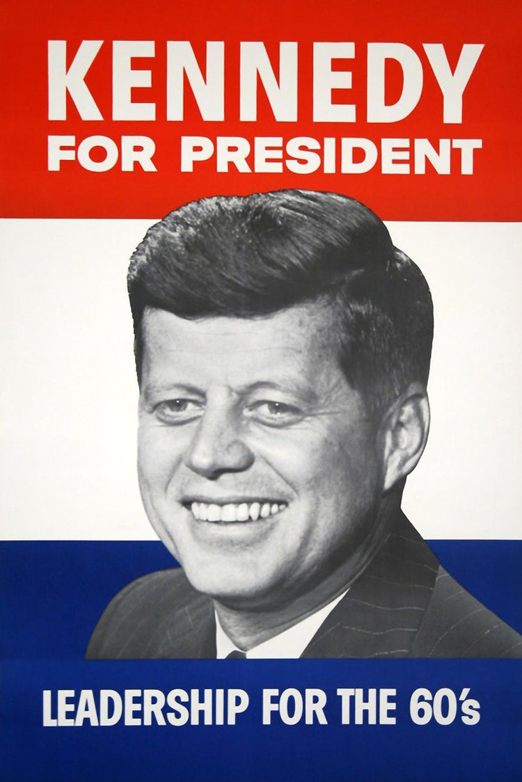 John F. Kennedy campaign poster wall art print with a smiling black-and-white portrait, red, white, and blue bands, and bold election text.