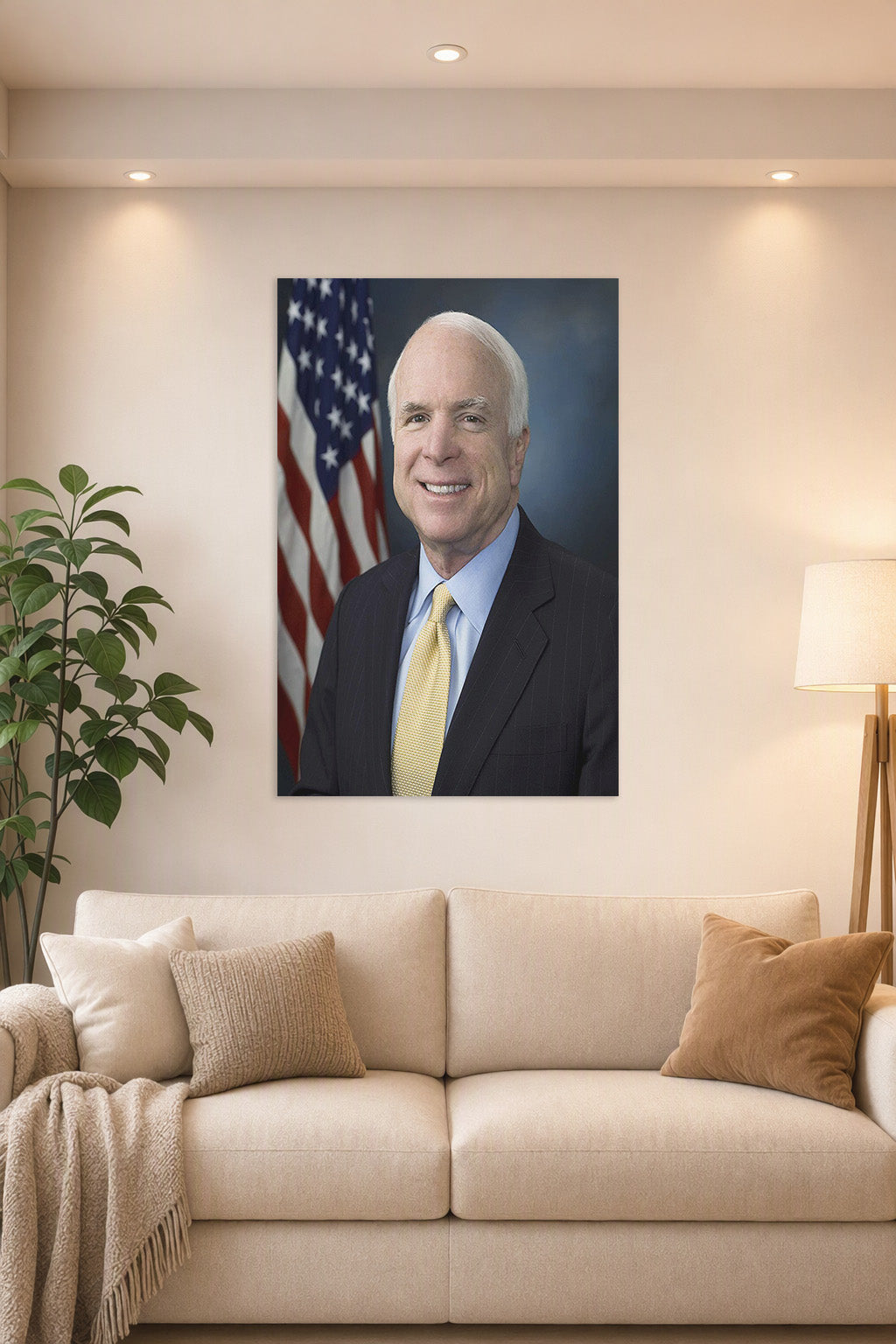 John McCain in a bright living room above a beige sofa.