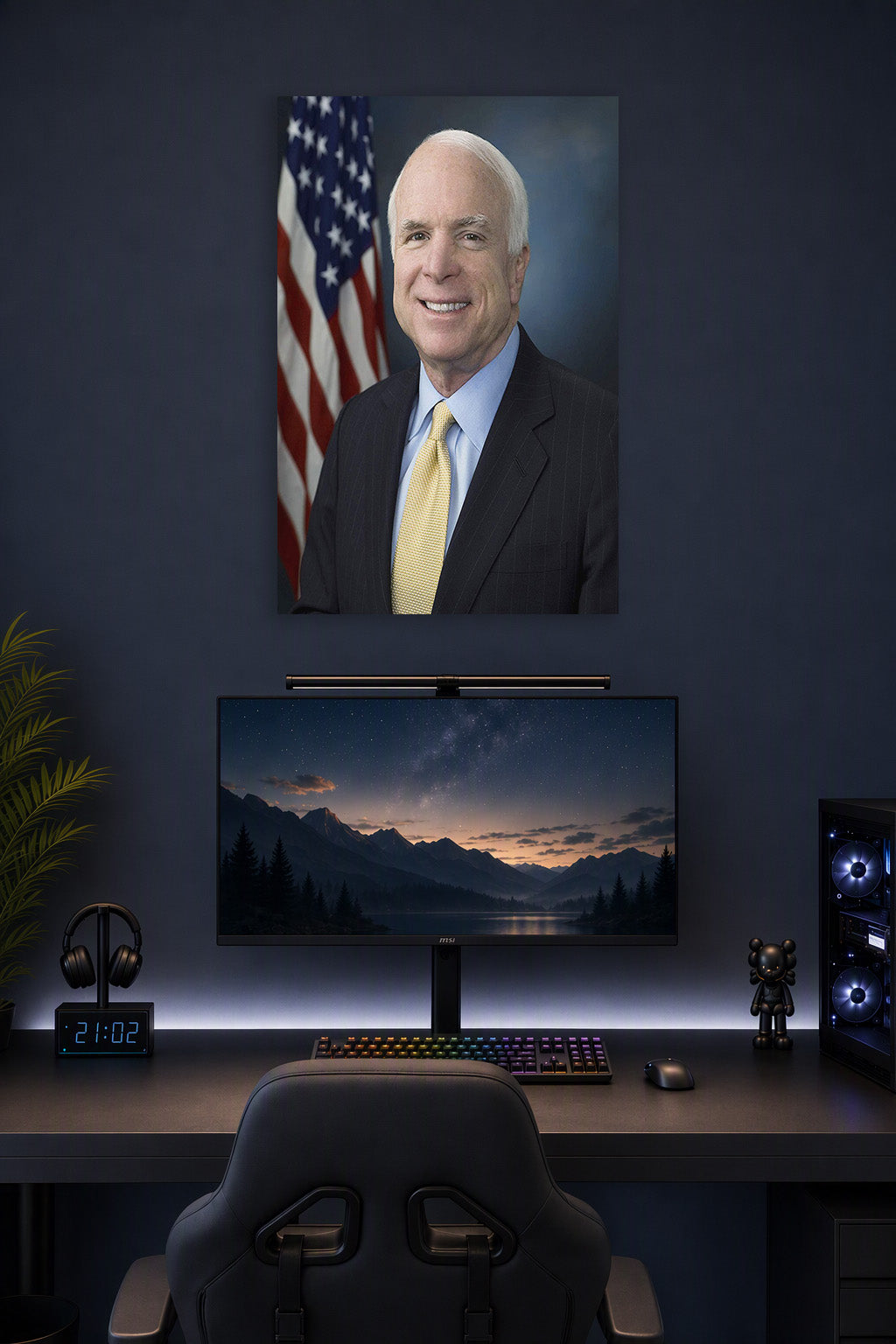 John McCain in a gaming desk setup above a monitor.