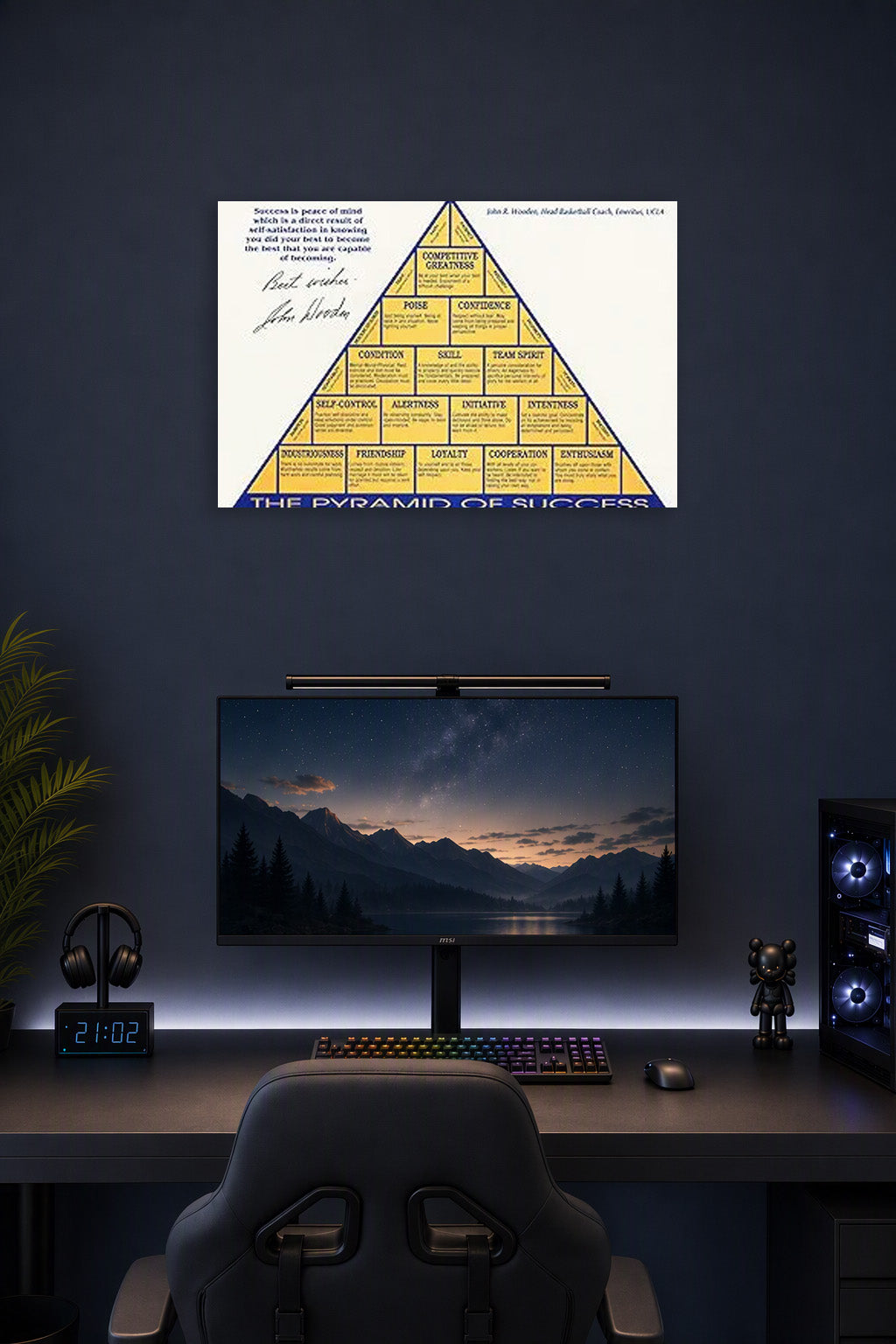 John R. Wooden Motivational Poster The Pyramid of Success Art Poster Printing Print B0BTT9QHYT in a gaming desk setup above a monitor.