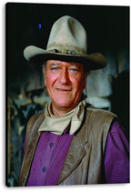 John Wayne canvas wall art print featuring the actor in a tan cowboy hat, brown vest, and purple shirt.