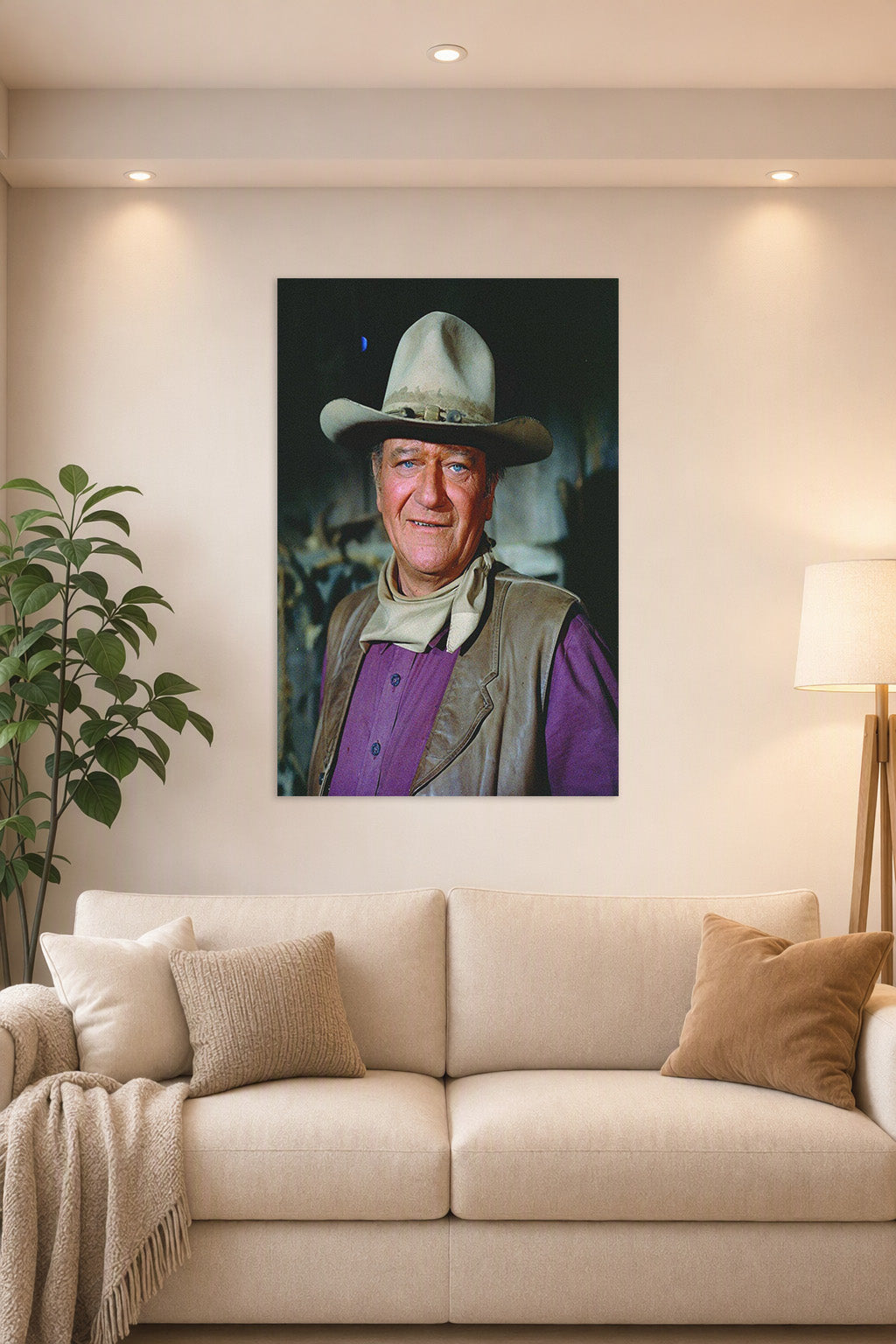 John Wayne in a bright living room above a beige sofa.