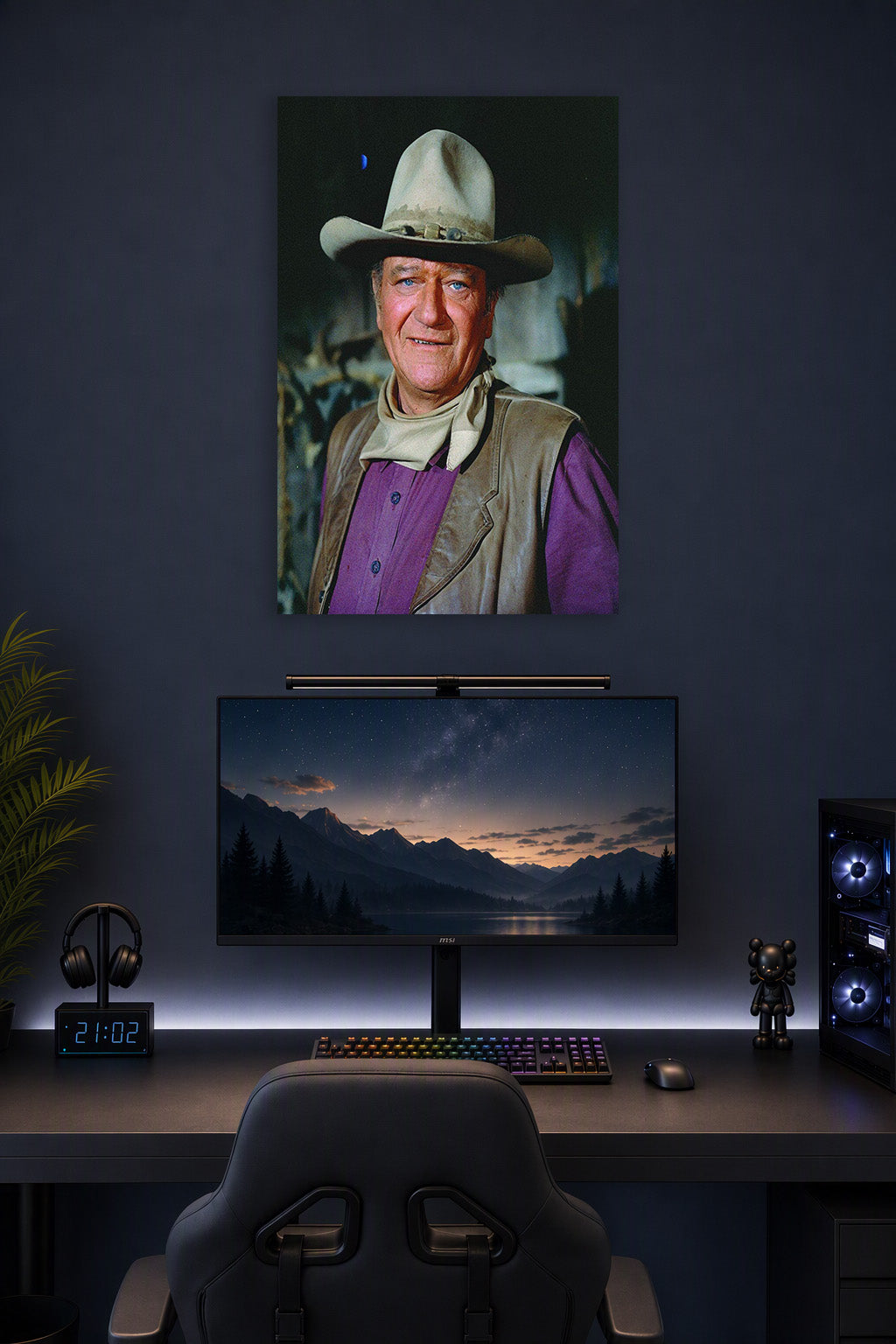 John Wayne in a gaming desk setup above a monitor.