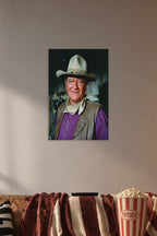John Wayne in a cozy movie room above a brown sofa with popcorn.