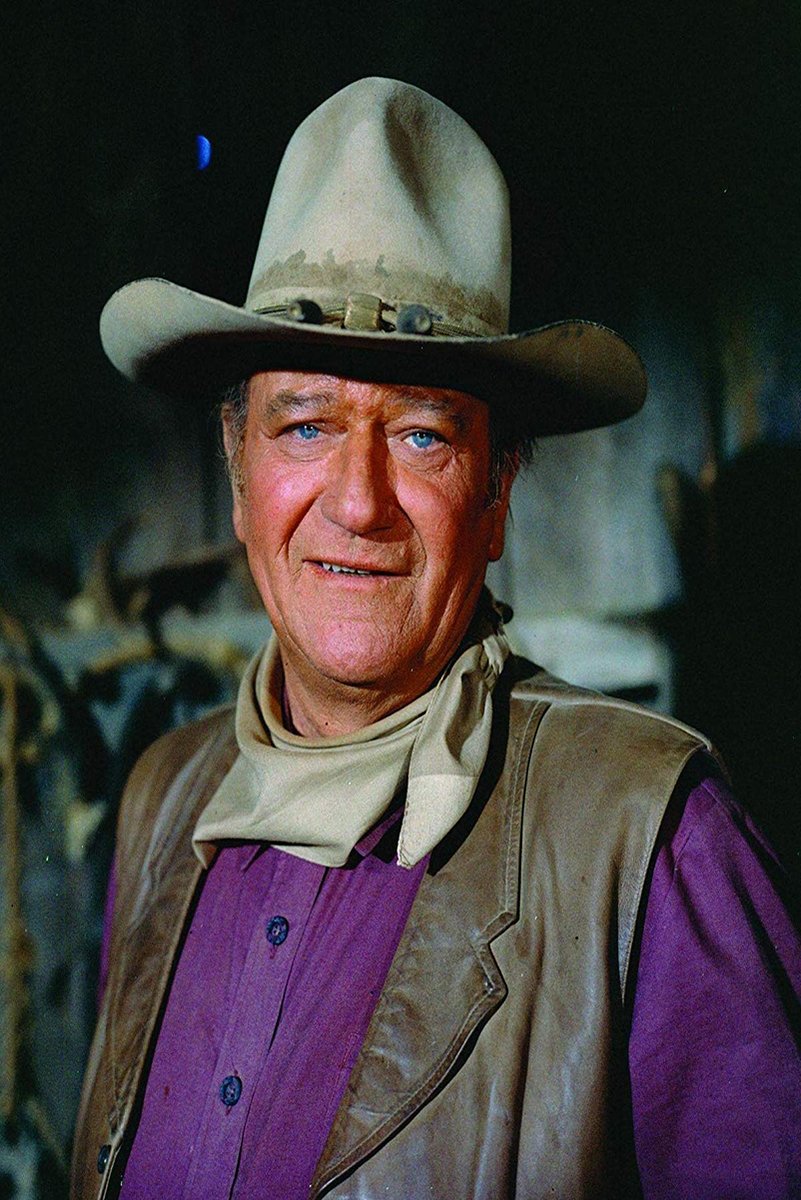 John Wayne poster portrait in a tan cowboy hat, neckerchief, brown vest, and purple shirt against a dark backdrop.