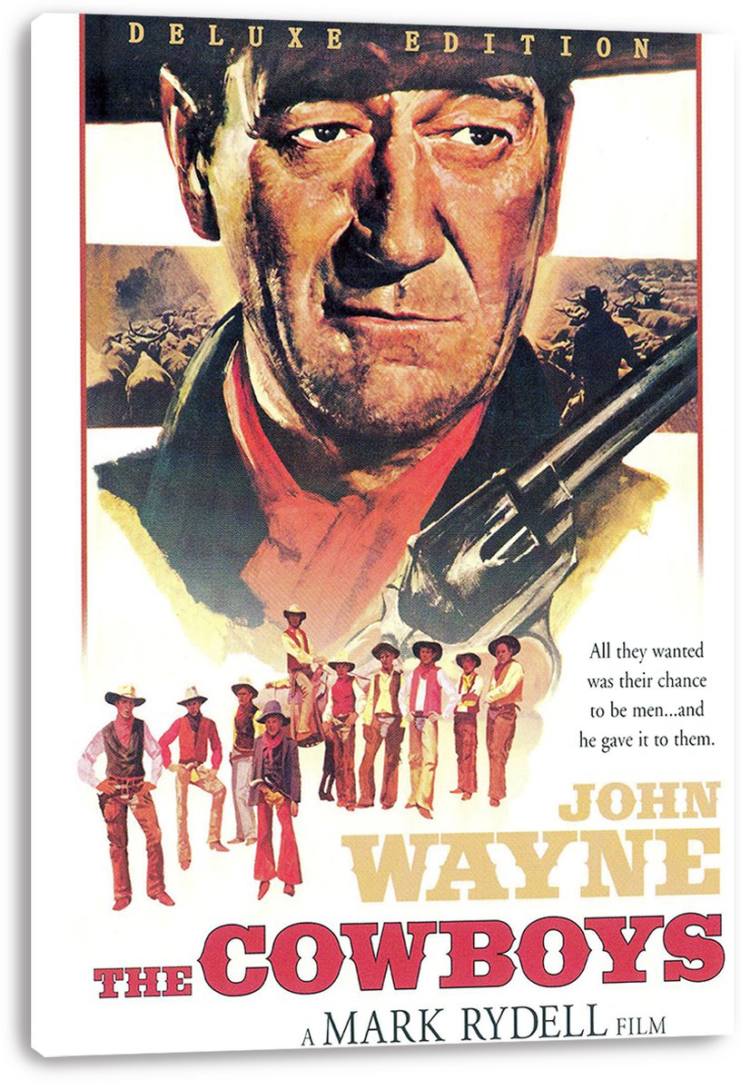 John Wayne The Cowboys wall art print on a thick white canvas displays the actor with a rifle above a lineup of cowboys.