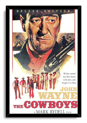 Framed John Wayne The Cowboys poster features a black border around the classic Western portrait, rifle, and young cowboys.