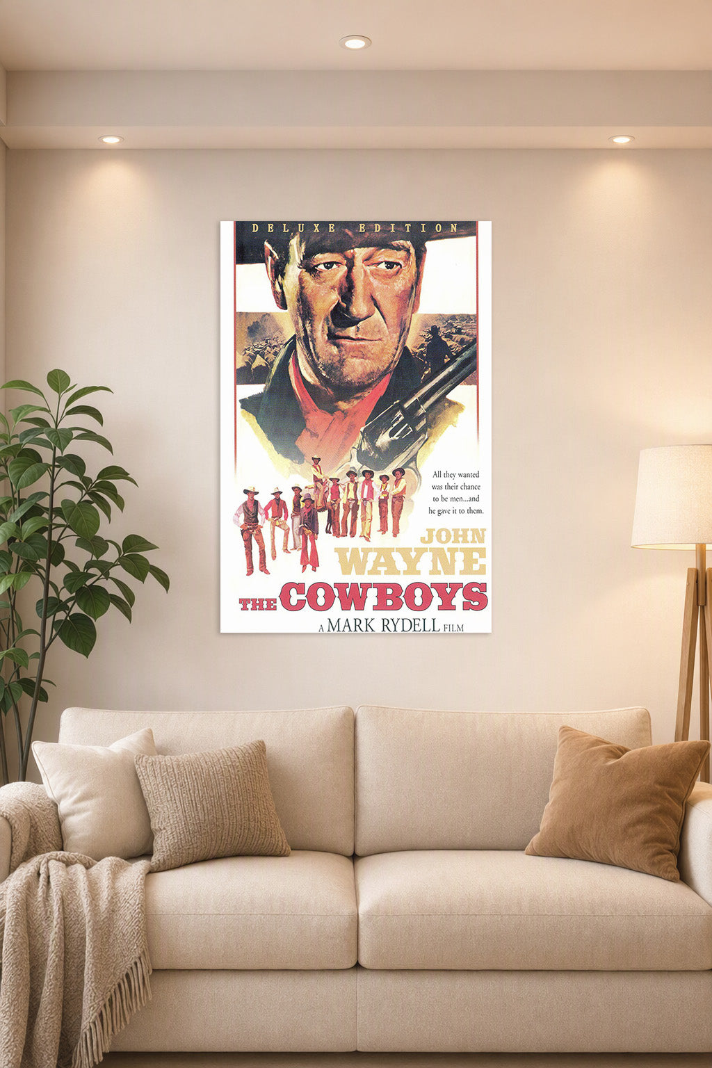 John Wayne The Cowboys Movie in a bright living room above a beige sofa.
