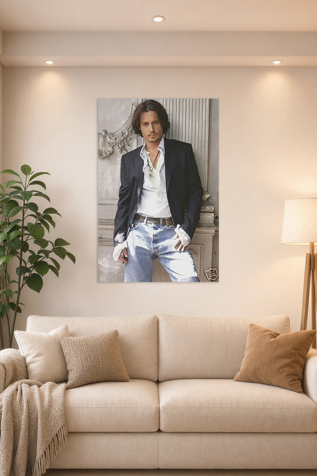 Johnny Depp in a bright living room above a beige sofa.