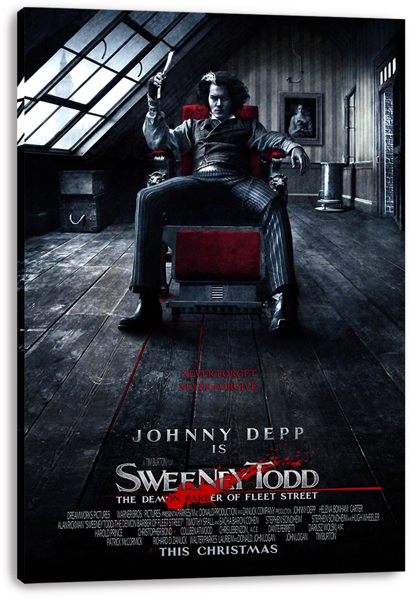 Sweeney Todd canvas wall art print displays Johnny Depp holding a razor in a red chair beneath a slanted attic window.