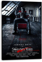 Sweeney Todd canvas wall art print displays Johnny Depp holding a razor in a red chair beneath a slanted attic window.