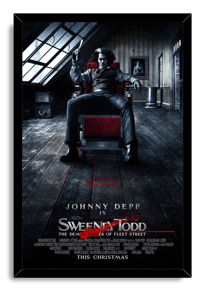 Sweeney Todd framed wall art print portrays Johnny Depp with a raised razor in a dark room, bordered by a black frame.