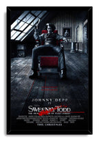 Sweeney Todd framed wall art print portrays Johnny Depp with a raised razor in a dark room, bordered by a black frame.