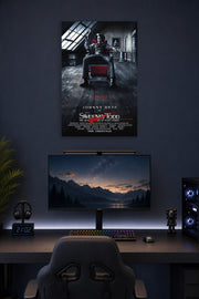 Johnny Depp Sweeney Todd in a gaming desk setup above a monitor.