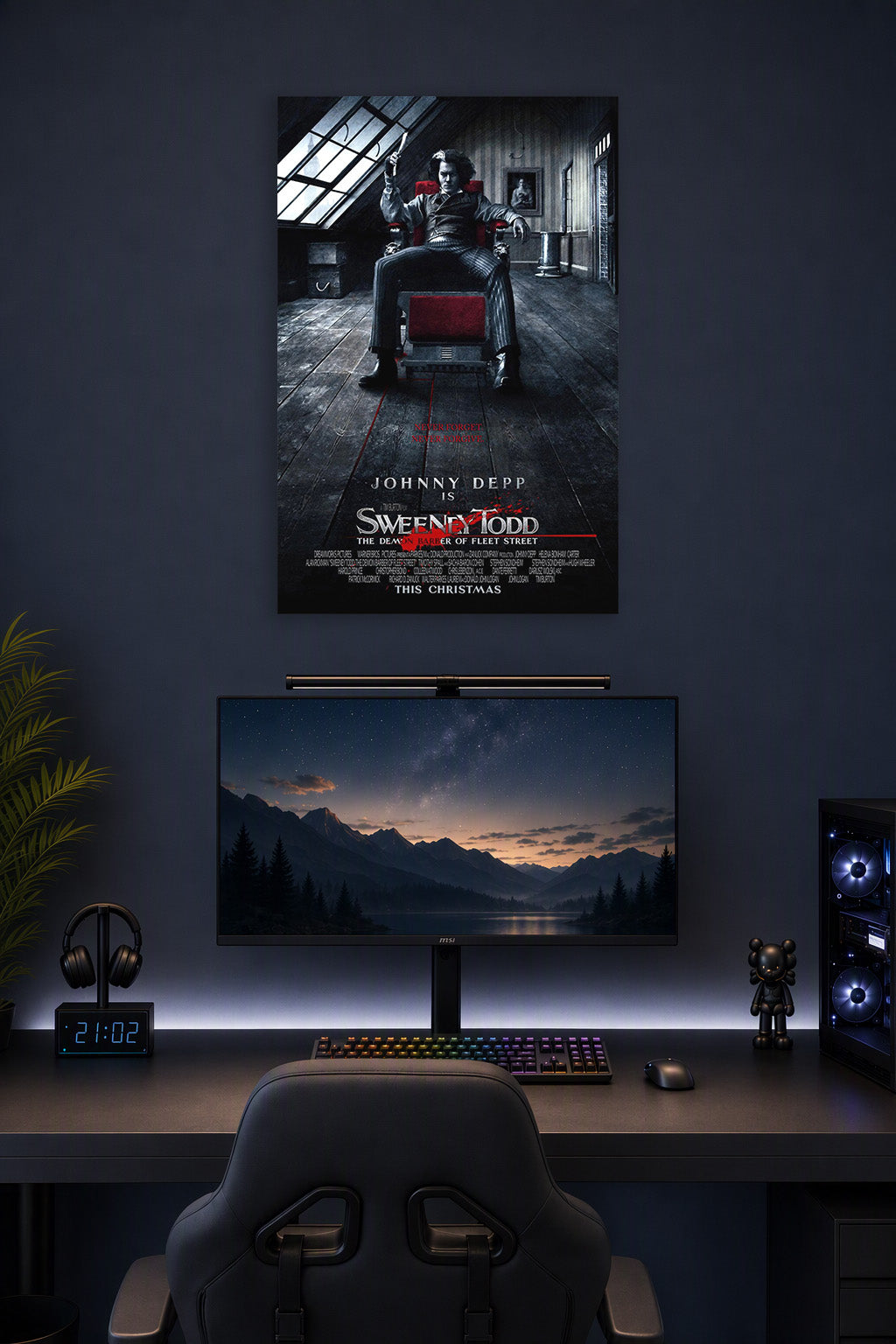 Johnny Depp Sweeney Todd in a gaming desk setup above a monitor.
