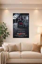 Johnny Depp Sweeney Todd in a bright living room above a beige sofa.