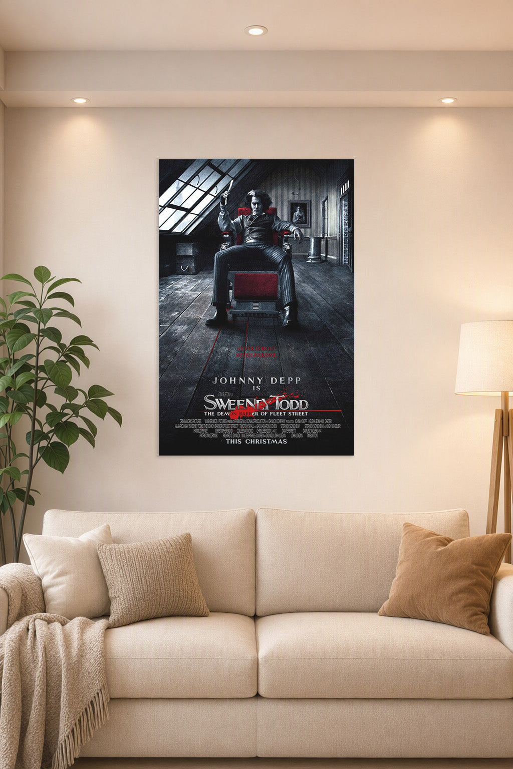 Johnny Depp Sweeney Todd in a bright living room above a beige sofa.